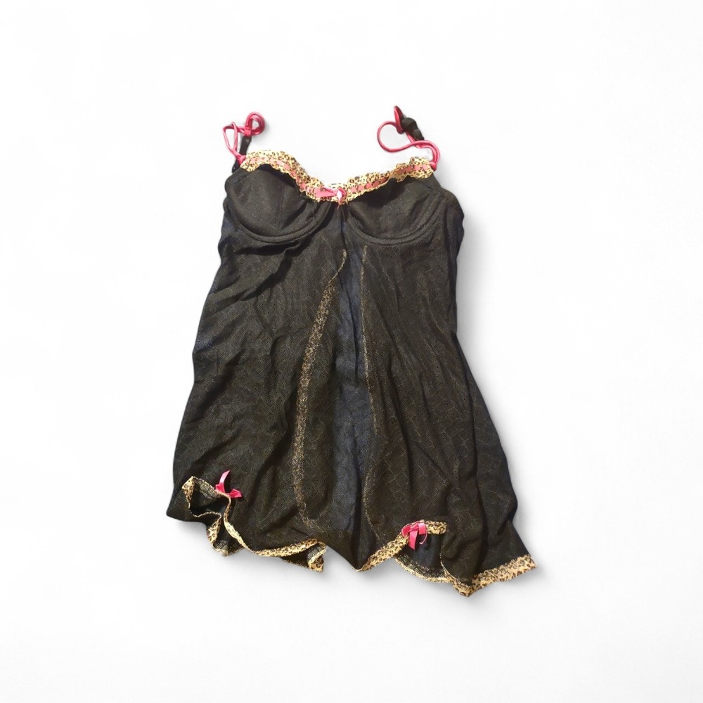 Jezebel‎ black sheer Babydoll chemise S Animal Print Trim Romantic Grunge Y2K